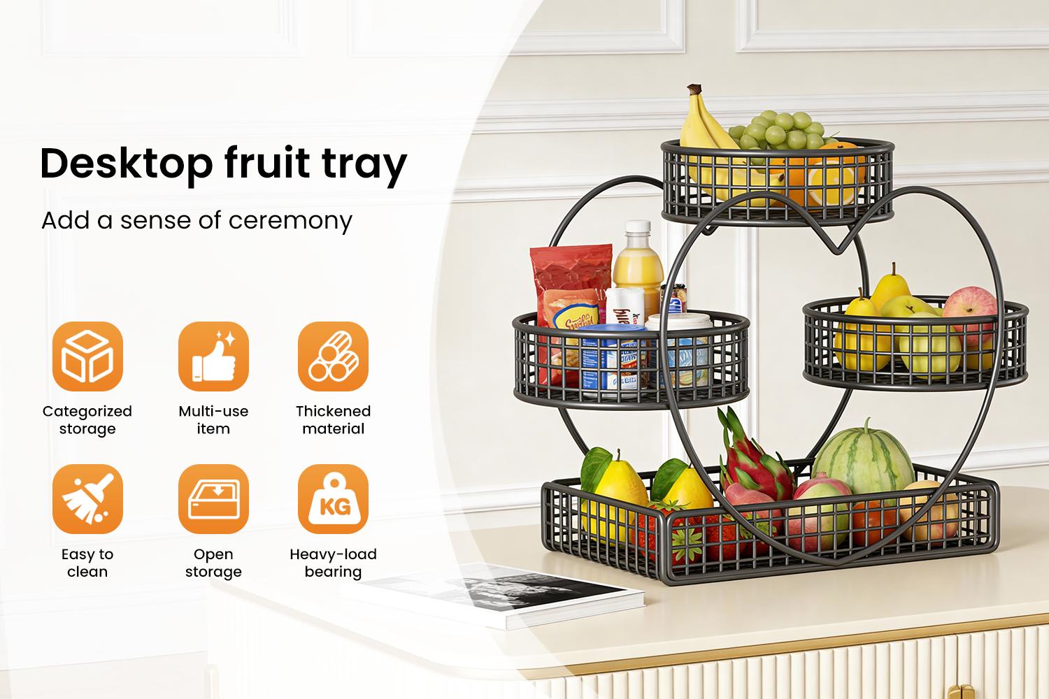 3-Tier Metal Frame Heart-Shaped Wire Mesh Open Basket Rack - Kitchen Countertop Organizer Storage, Fruit & Snack Holder, Decorative Solution, Mother's Day Gift Ideas Ideal Gift with Storage Bag