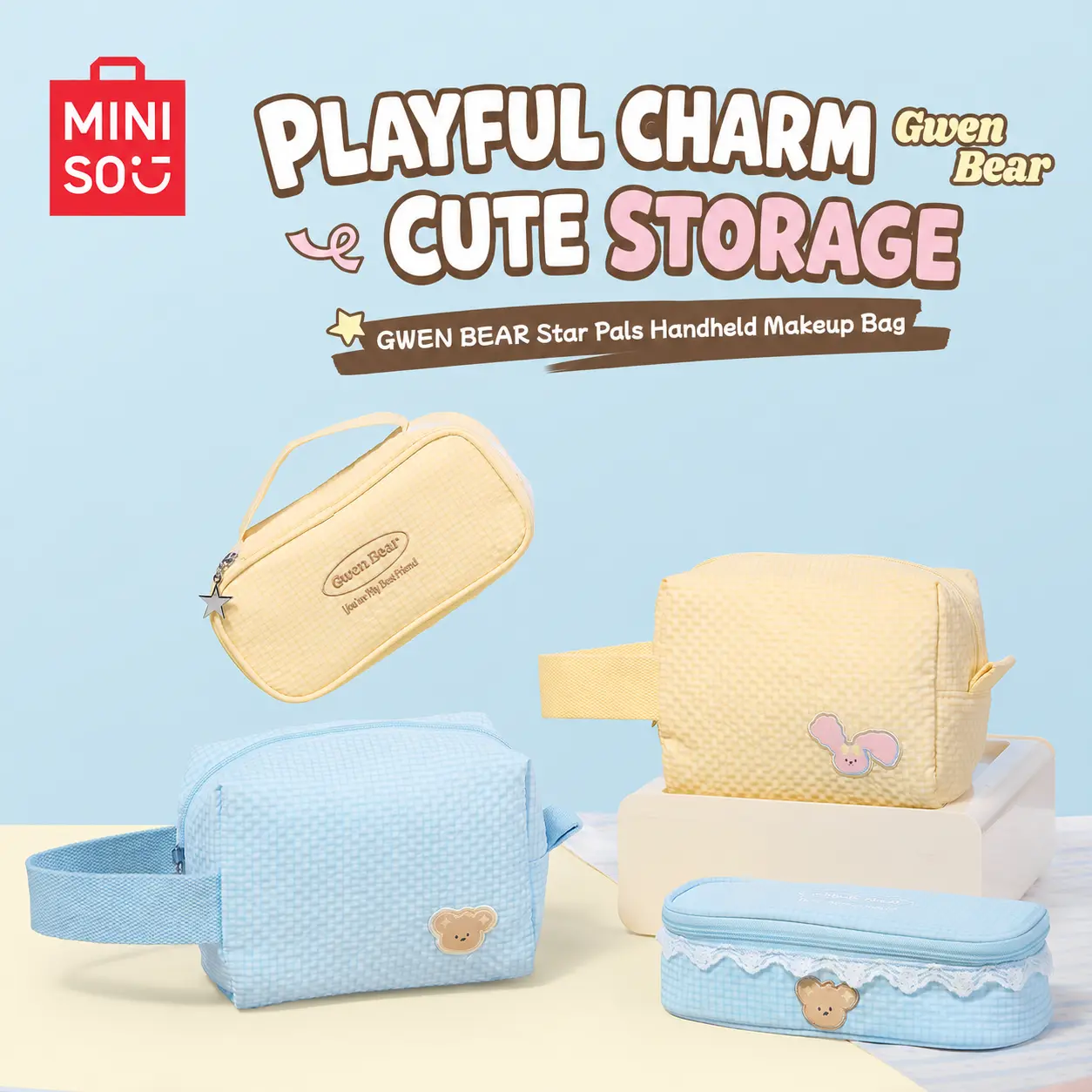 MINISO Gwen Bear Cheese Planet Friends Cosmetic Bag - Cute, Portable Top-Handle Makeup Organizer for Travel Toiletries, Everyday Essentials, Back To School