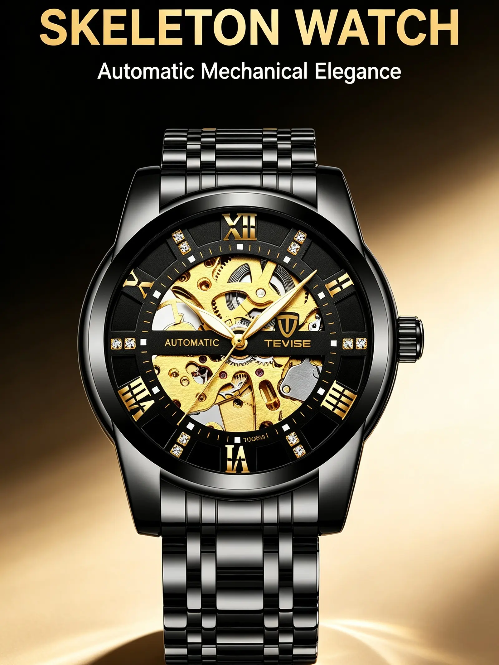 TEVISE Men's Mechanical Watch, Classic Business Style in Stainless Steel with a Hollow Dial and Round Face