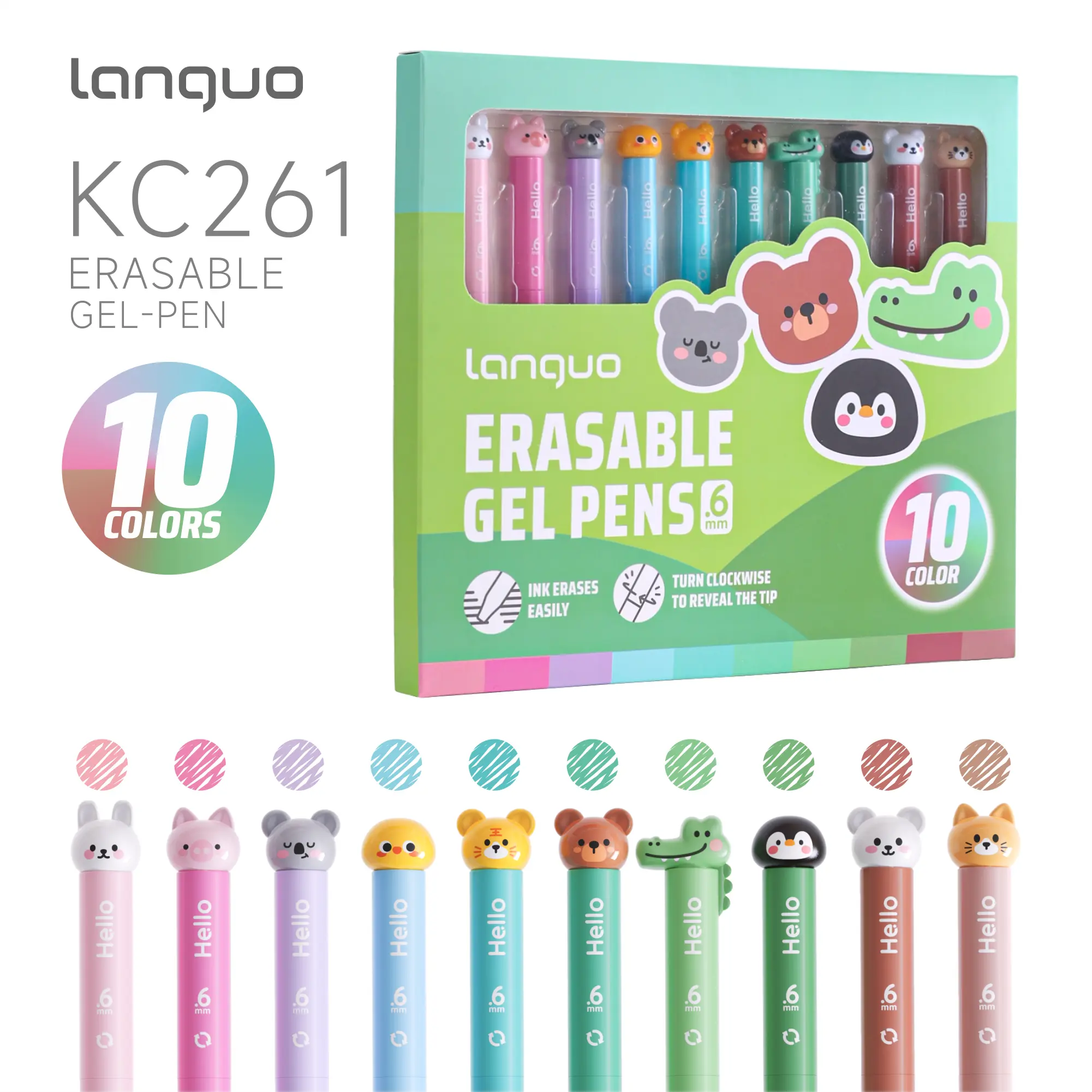 Languo 10-Colors Erasable Gel Pen Set with 0.6mm Tip, Cute Monster/Animal Design with 10 Different Types, Ideas for Drawing, Writing, Painting, Notes and Daily Use, Safe Rotation Pen Tip Design For Teacher, Student, Nurse and Kid