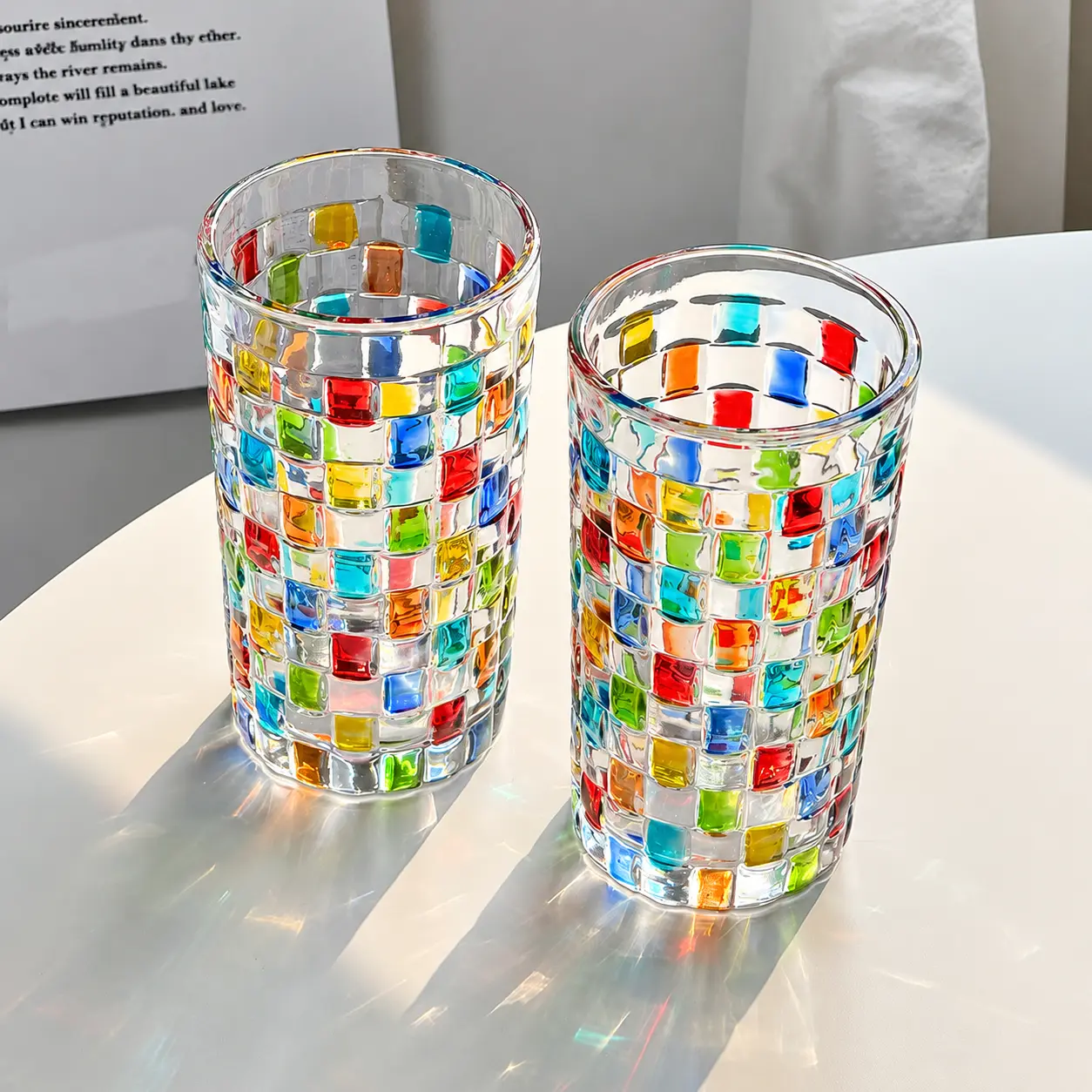 Stylish 2-Piece Christmas Colored Glassware Set - Fashion Glasses with Decorative Accents, Assorted Colored Glass Cups for Kitchen Coffee Drinks, Milk Beverages