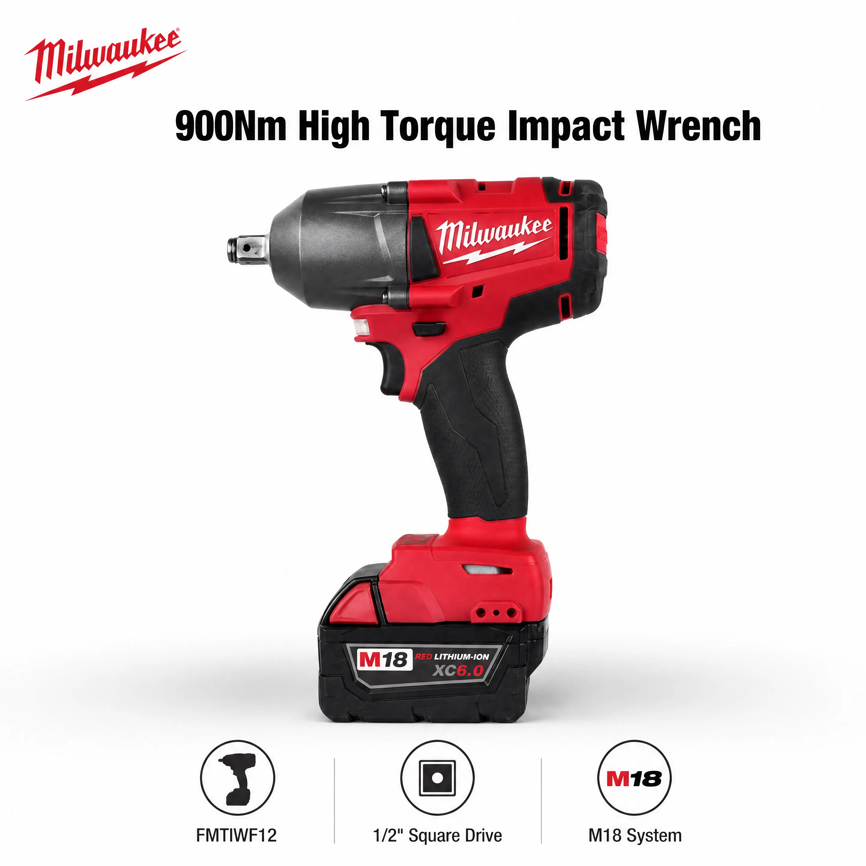 Milwaukee M18 FMTIWF12 1/2 Inch Cordless Impact Wrench Kit with XC6.0 Battery for Auto Truck Repair, Brushless Power Tool Features 900Nm Breakout Output Designed for Fast Frozen Lug Nut Removal Work