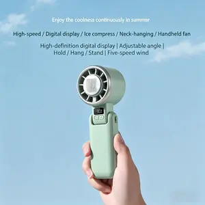 Portable Handheld Fan with Ice Cooling High-Speed Turbo USB Rechargeable Foldable Neck-Hanging Personal Cooling Fan for Travel Home Office 3-in-1 Design Instant Relief Ultra-Strong Wind 5 Modes 6 Hours Battery Life