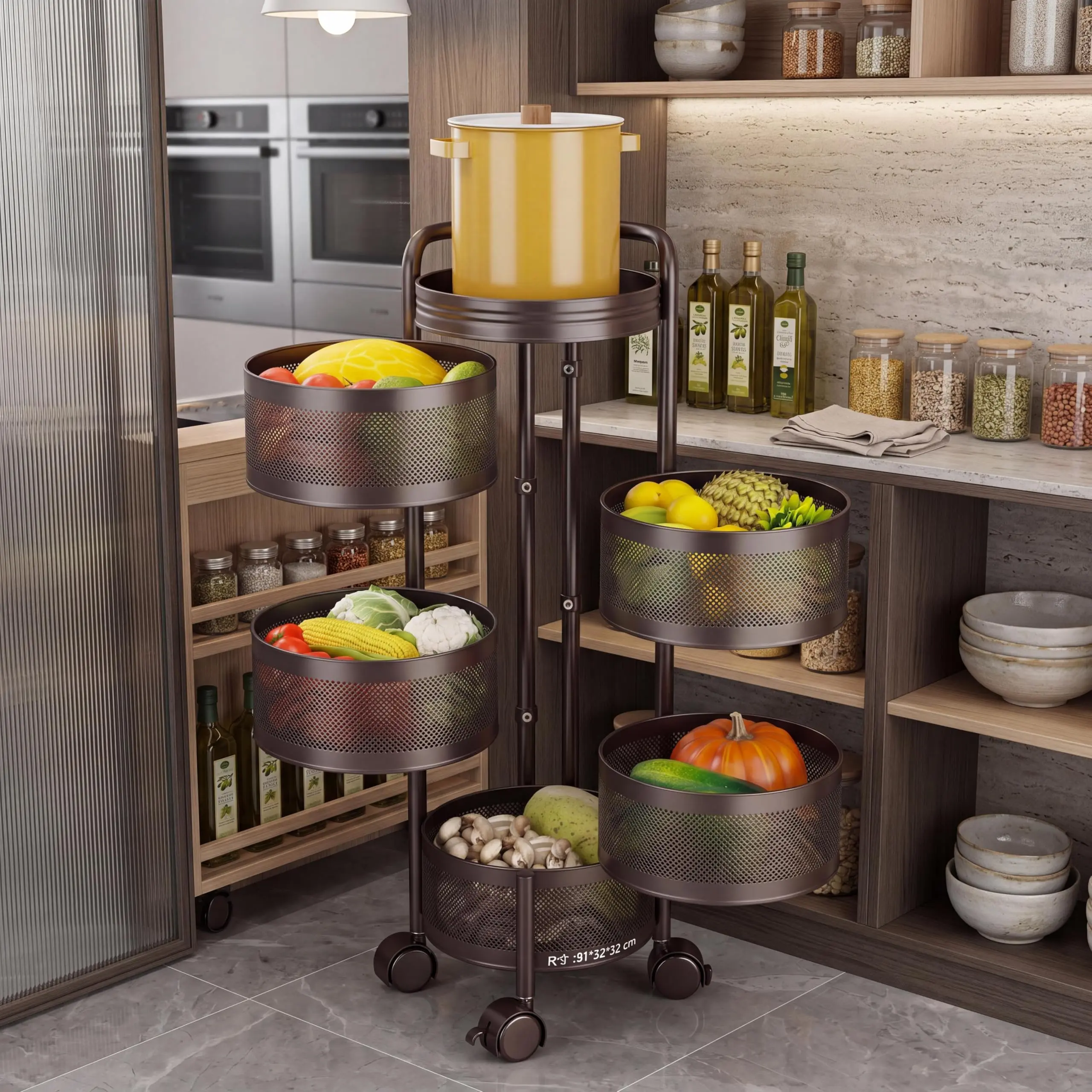 Garvee Rotating 4-Tier Kitchen Storage Cart – Carbon Steel Organizer with Lockable Wheels, Mesh Baskets, Magnetic Closure, Detachable & Washable Design – Ideal for Fruits, Vegetables – Black 4 Layers 1000242