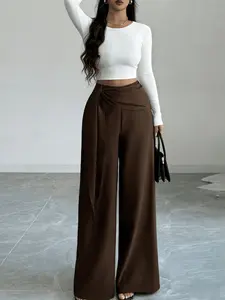A women's fashionable new style high-waisted wide-leg asymmetrical knot pants, suitable for summer, daily casual wear, commuting, and dates or gatherings. Casual Comfy Loose