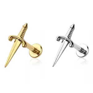 20G/18G/16G Dagger Flat Back Earring • Sword Push Pin Labret • Threadless Flat Back Stud • Tragus Piercing • Helix Stud • Cartilage Stud • Gold • Silver • Knife • Sword