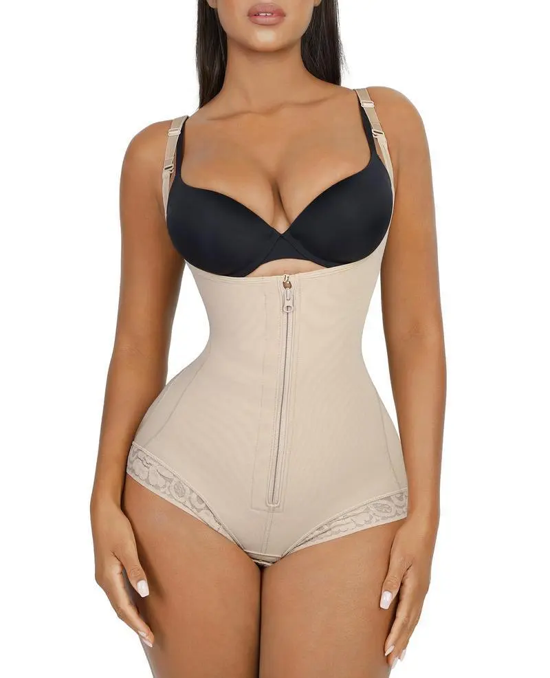 Women's Open Bust Shaper Bodysuit with Lace, Comfortable Zipper Front Tummy Control Thigh Slimmer, All Seasons Postpartum Wear, Adjustable Straps