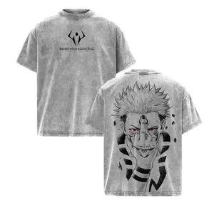 Ryomen Sukuna Jujutsu Kaisen Washed Shirt Anime Oversized Vintage Graphic Tee Heavy Cotton Top Streetwear Menswear JJK Retro Washed Cotton T-Shirt Unisex Double Printed Design for Anime Fans - Statement, Love