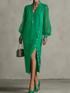 Long Sleeve Bubble Hem Dress with Button Detail, Solid Color Side Split Deep V Neck Midi Dress, Elegant Chic Women's Fashion