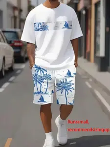 Men's Tropical Palm Tree Print T-Shirt and Shorts Set, Casual Fitted All-Over Print Outfit for Summer, Fashion Comfortable Wear