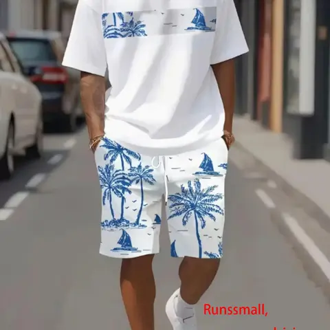 Men's Tropical Palm Tree Print T-Shirt and Shorts Set, Two Piece Set, Casual Fitted All-Over Print Outfit for Summer, Fashion Comfortable Wear