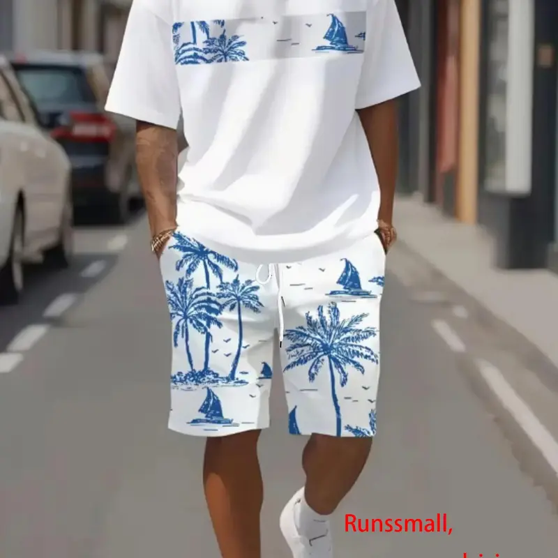 Men's Tropical Palm Tree Print T-Shirt and Shorts Set, Two Piece Set, Casual Fitted All-Over Print Outfit for Summer, Fashion Comfortable Wear