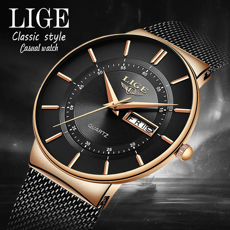 LIGE Unisex Casual Trendy Wristwatch - 40mm Round Face, Week & Day Display, <30M Waterproof, Luminous, Suitable for Any Occasion, Analog