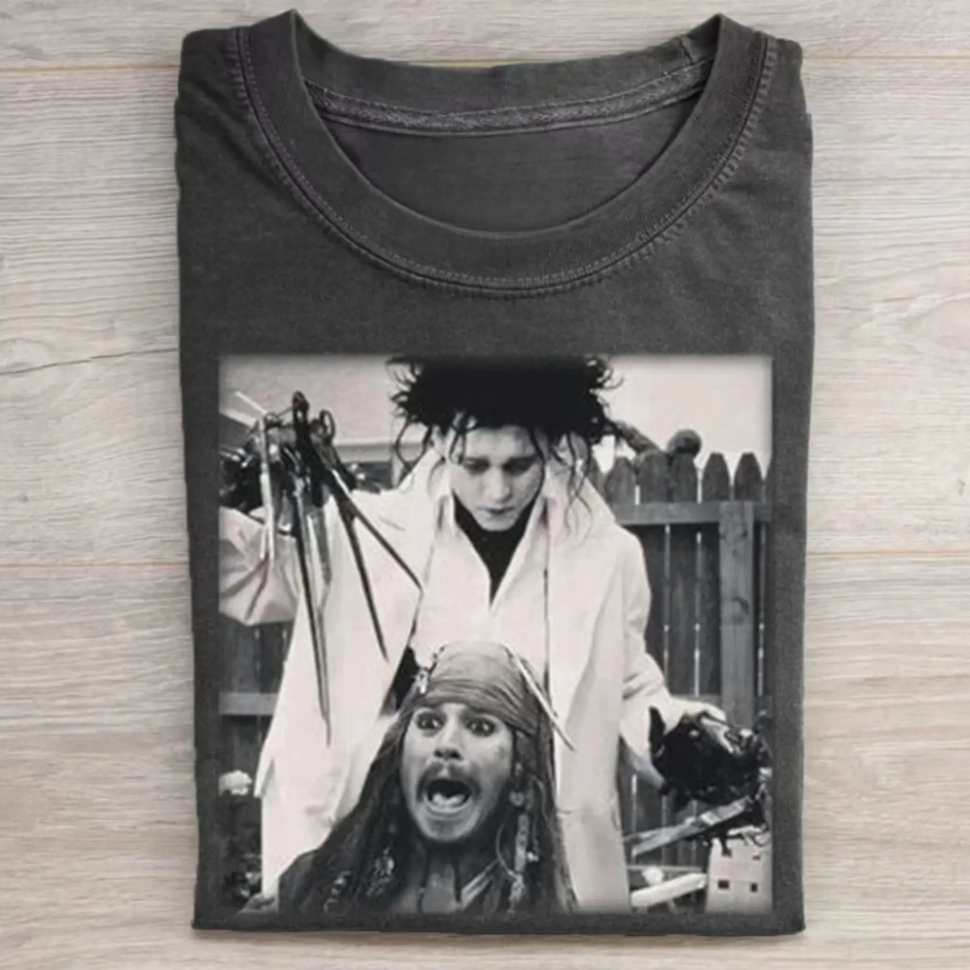 Vintage Edward Scissorhands and Captain Jack Sparrow T-Shirt - Retro Johnny Depp Movies Crossover Graphic Tee, Cinematic Nostalgia Gift Shirt, 90s Pop Culture Shirt, Fitted Shortleeve T-Shirt, Men's Black Round Neck Menswear, Gift for Men