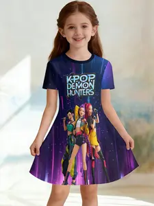 Girls' 3D Short Sleeve Dress, K-Pop Demon Hunters Full Print Summer Dress, Perfect for Parties, Festivals, Gifts, Birthday Presents