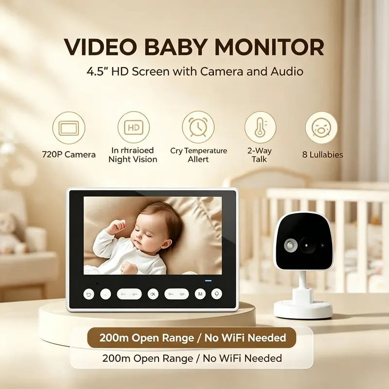 Video Baby Monitor with Camera and Audio, 4.5" HD LCD Screen 720P Infrared Night Vision, Cry Detection, Temperature Alert, 2-Way Talk, 8 Lullabies, 200m Open Range, No WiFi Needed