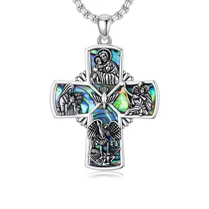 Patron Saint Necklace S925 Sterling Silver Four Way Cross Necklace St Michael/St Christopher/St Benedict/St Joseph/St Francis Pendant, Religious Protection Necklace for Men Women Birthday Father's Day Anniversary