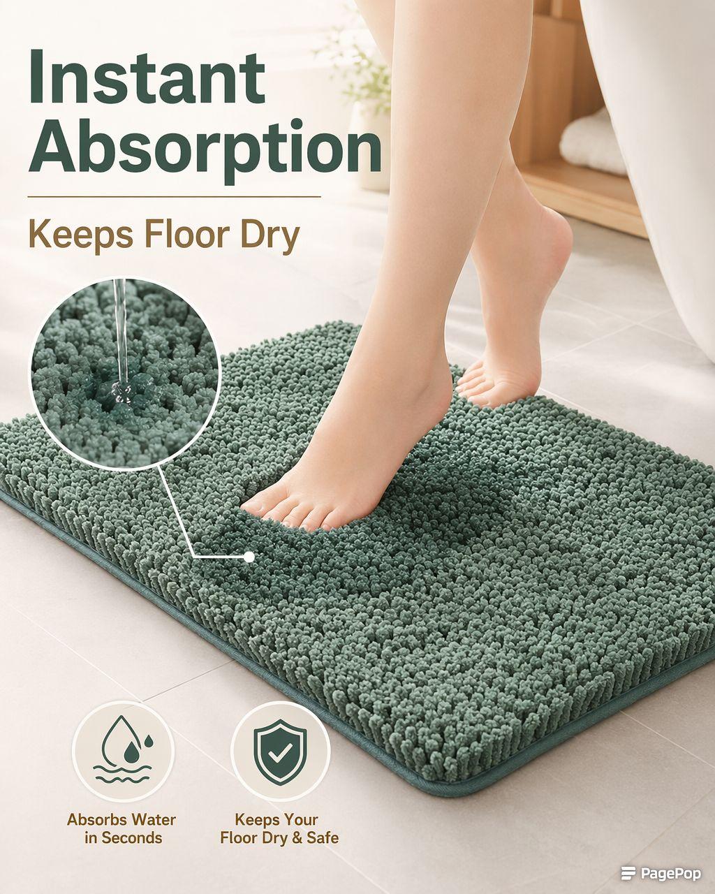 1-Piece Plush Short-Pile Chenille Anti-Slip Grip Rubber Back Mat, Quick-Dry, Stain-Resistant, Easy Clean Rubber Mat for Bathroom Wet Areas & Decor, Easy Clean Bath Mats