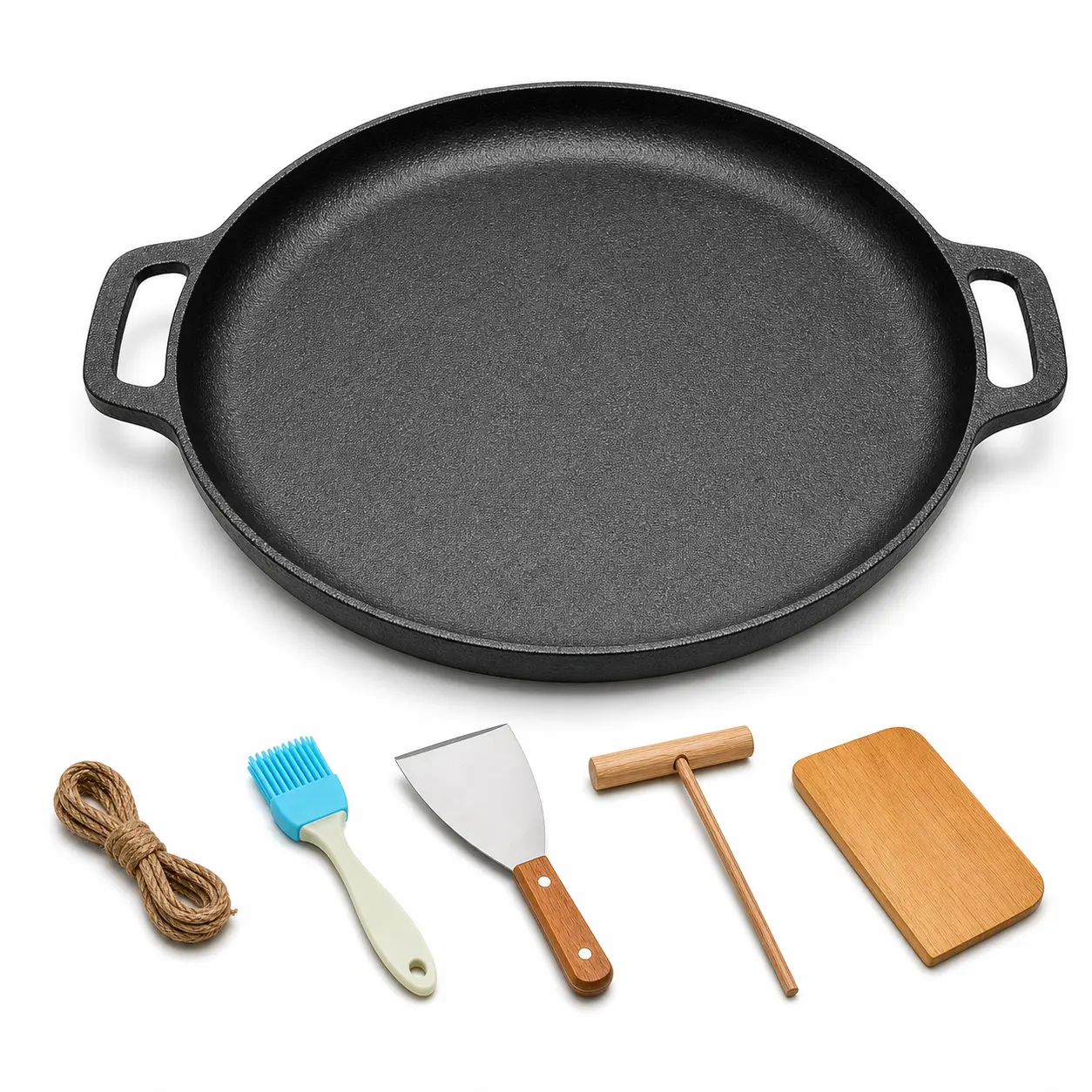 Premium Cast Iron Wok & Griddle Pan, 28-30cm Flat Bottom, Extra-Thick Dual Handles, Even Heat, Non-Stick, Uncoated, for Frying, Grilling, Steaming, Pizza, Outdoor Cooking, Includes 5-Piece Accessory Set