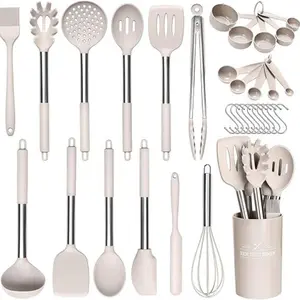 Kitchen Utensils Set Silicone Cooking Utensils Set for Nonstick Cookware Non Toxic Cooking Utensils Kitchen Essentials Utensilios de Cocina Cucharas de Silicona Para Cocina Khaki