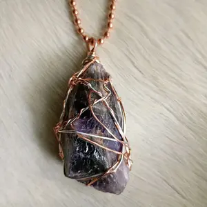 Amethyst, Copper, and Aluminum Wire-Wrapped Pendant