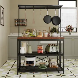 Farmhouse Vintage Kitchen Island – Coffee Bar & Baker's Rack – Built-in Power Outlet – 3 Tiers, 5 Hooks, Open Shelves – Heavy Duty Steel Frame – 42" / 47" – Great for Dining or Living Room