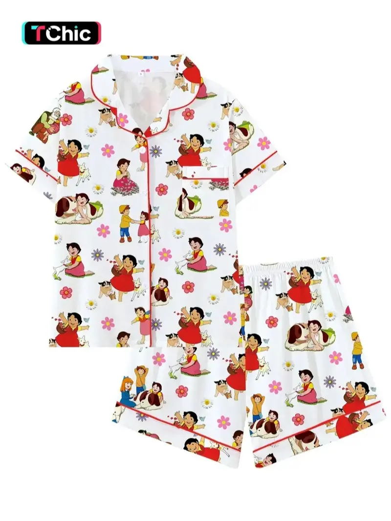 Alpine Girl Cartoon Healing Style Pajama Set, Cute Lapel Short Sleeve Sleepwear, Comfortable for Sleep and Outdoors, Perfect Gift