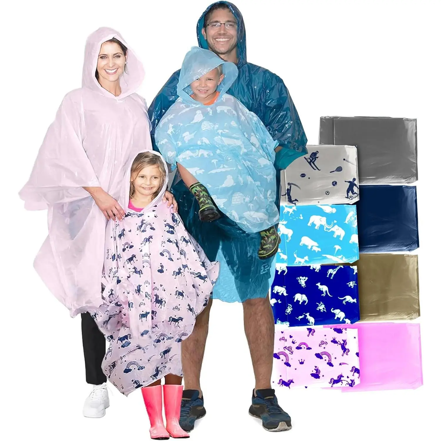 Disposable rain ponchos family pack  waterproof rain poncho with hood for adults and kids travel rain poncho pack for emergency storms kids ponchos with fun designs