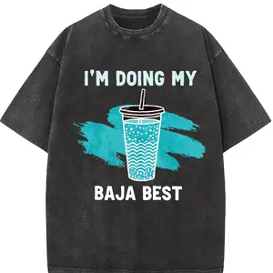 Men's Short-Sleeve Sports T-Shirt, Washed Vintage Y2K Retro Style, Baja Blast Printed "I'M DOING MY BAJA BEST", Round Neck Soft Summer Street Style Top for Sports & Outdoor Use