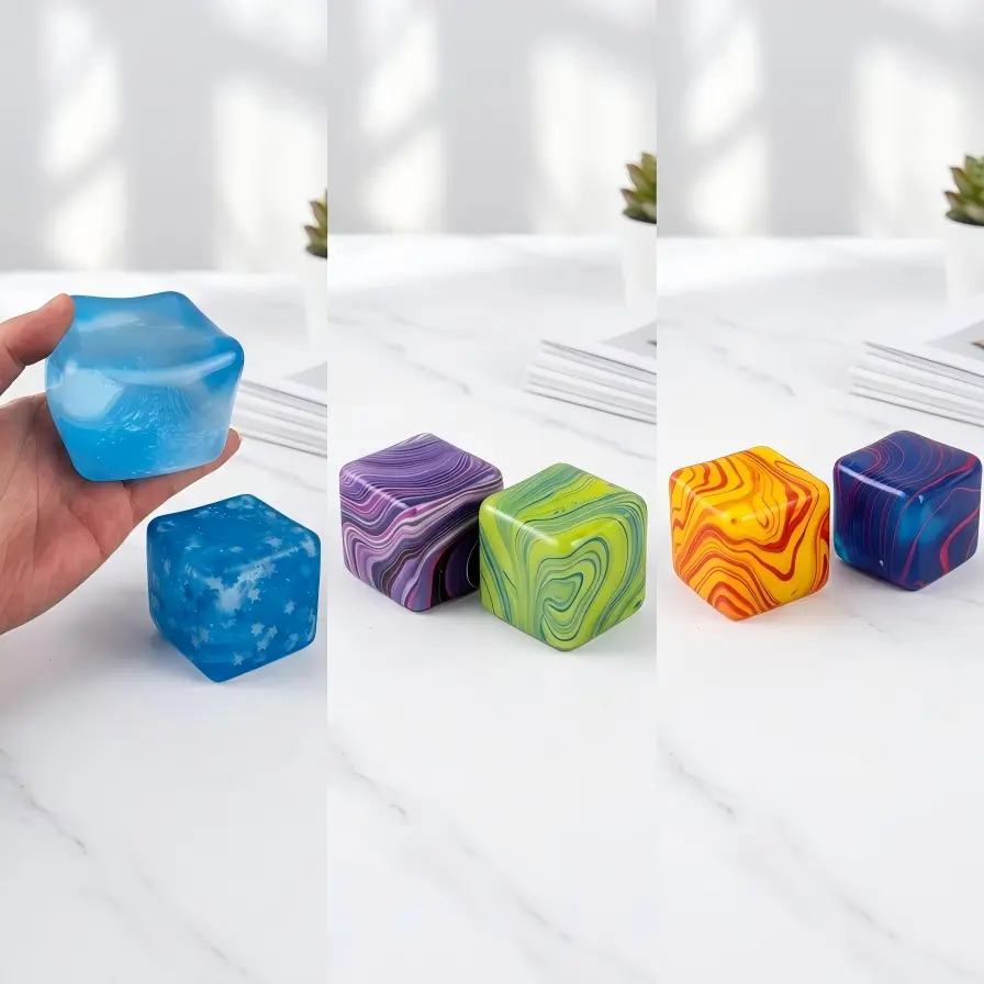 KUTU 5cm Soft Jelly Texture Slow Rebound Sensory Cube Collection - 2pcs Assorted Duo Swirl & Solid Cubes, Unisex Desk Fidget Stress Relief Fidget Squishies Set with Gift Boxes, Focus Support
