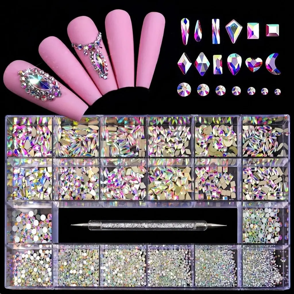 12 Types of Crystal AB Diamonds + Flat Rhinestones 2500 pcsMix 20 Styles Flatback DIY Crafts Rhinestone Crystals 3D Ornament‌s Flat Back Stones Set + Tweezers + Drill Pen