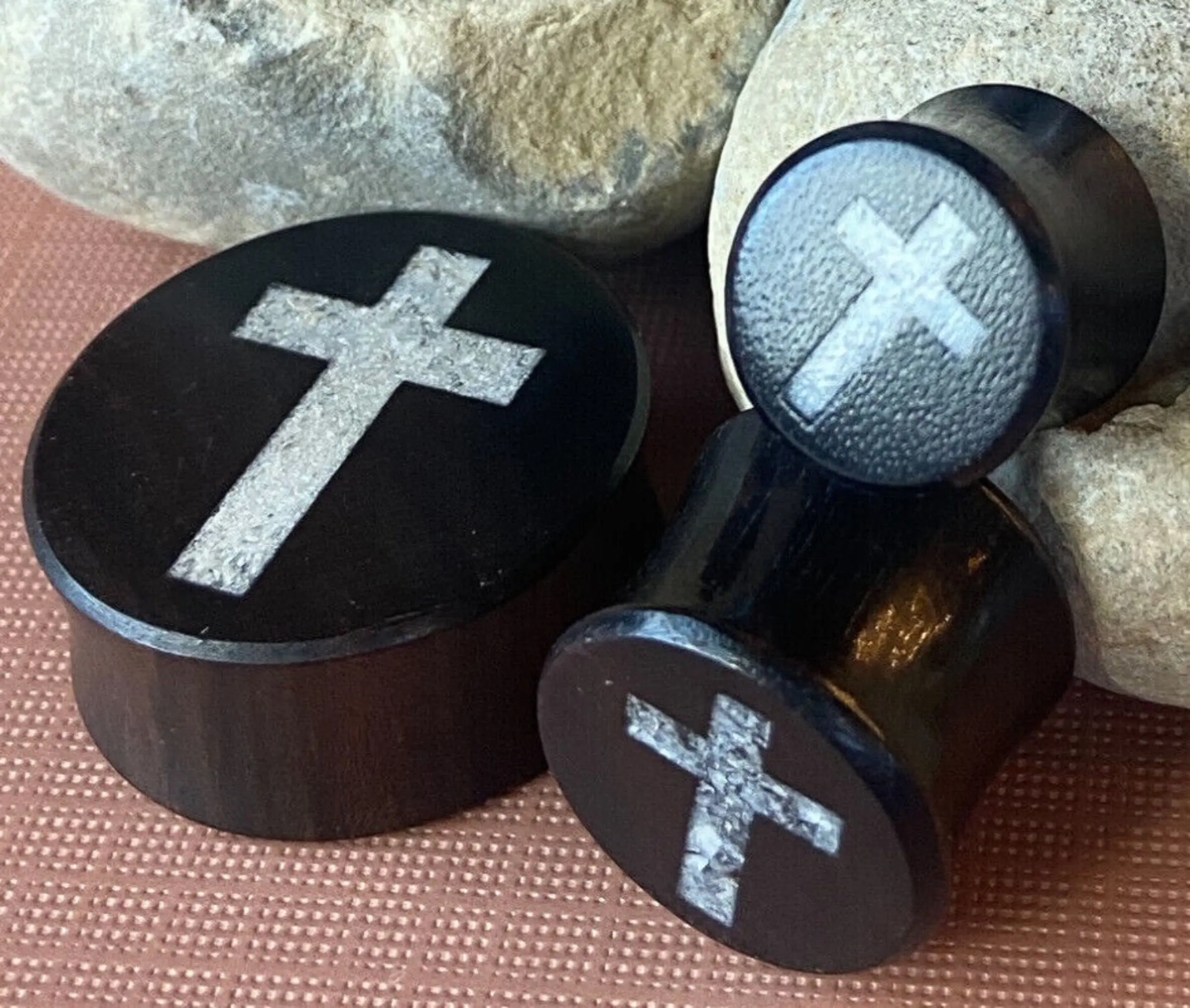 PAIR of Beautiful Crystal Quartz Cross Inlay Black Wood Saddle Plugs/Tunnels - Gauges 0g (8mm) thru 1" (25mm)