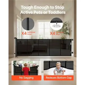 VEVOR Retractable Baby Gate, Extends to 122 inch Extra Wide, 31.3 inch Tall, with Reinforced Fiberglass Strips, Avoids Crawling Through, Mesh Dog Gate for Decks, Doorways, Garages, Indoor, Black