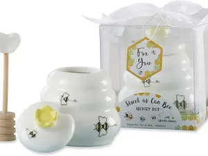 Sweet as Can Bee Ceramic Mini Honey Pot with Wooden Honey Dipper 3.4 oz Honey Jar Bee Decor White Yellow 23261WT