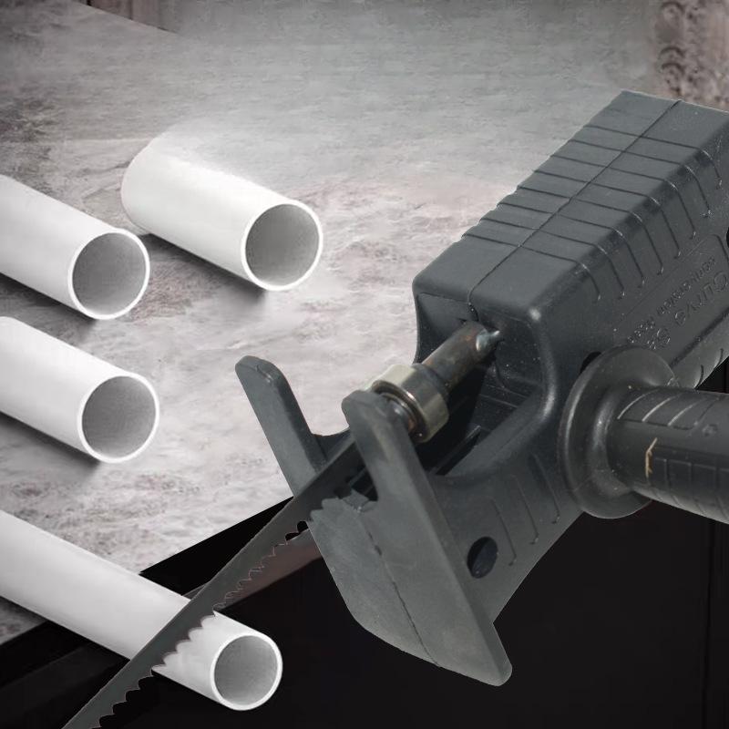 Drill modification for electric saw; woodworking curved saw; handheld drill conversion to electric saw; variable oscillating saw; conversion head