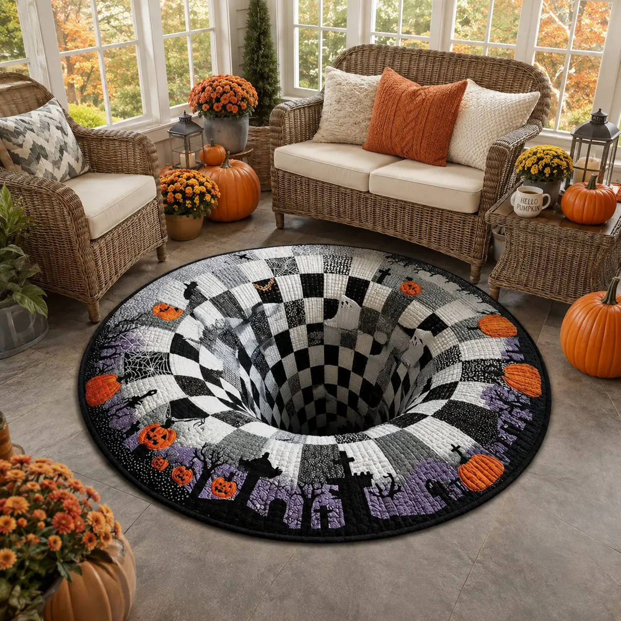 Halloween 3D Checkered Vortex Round Rug, Optical Illusion Spooky Floor Mat, Black & White Grid Pumpkin Ghost Area Rug, Horror Room & Party Decor