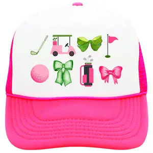Golf Pink and Green Graphic Women's Trucker Hat - Girly Adjustable Cap for Golfer - Preppy Trendy Golfing Snapback for Teens & Women
