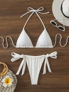 New Sexy Fashion Women's Bikini Set, Halter Triangle Cup Top, Side Tie Triangle Bottoms, Perfect for Beach Vacation, Pool Party
