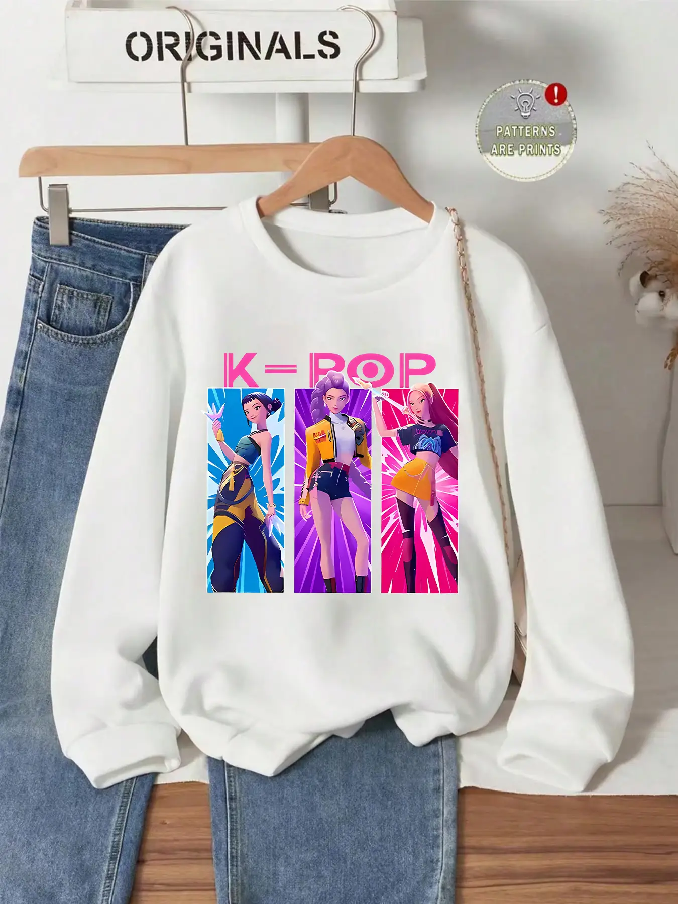Girls' Spring & Fall Casual Fashion Kpop Falcon Girl Group Print Sweatshirt, Round Neck Long Sleeve Comfortable Basic Top