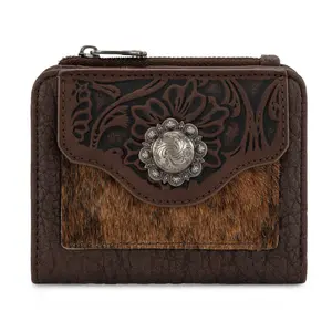 Trinity Ranch Western Cowhide Wallet for Women Floral Design Silver Concho Accents 6 Card Slots Compact PU Leather