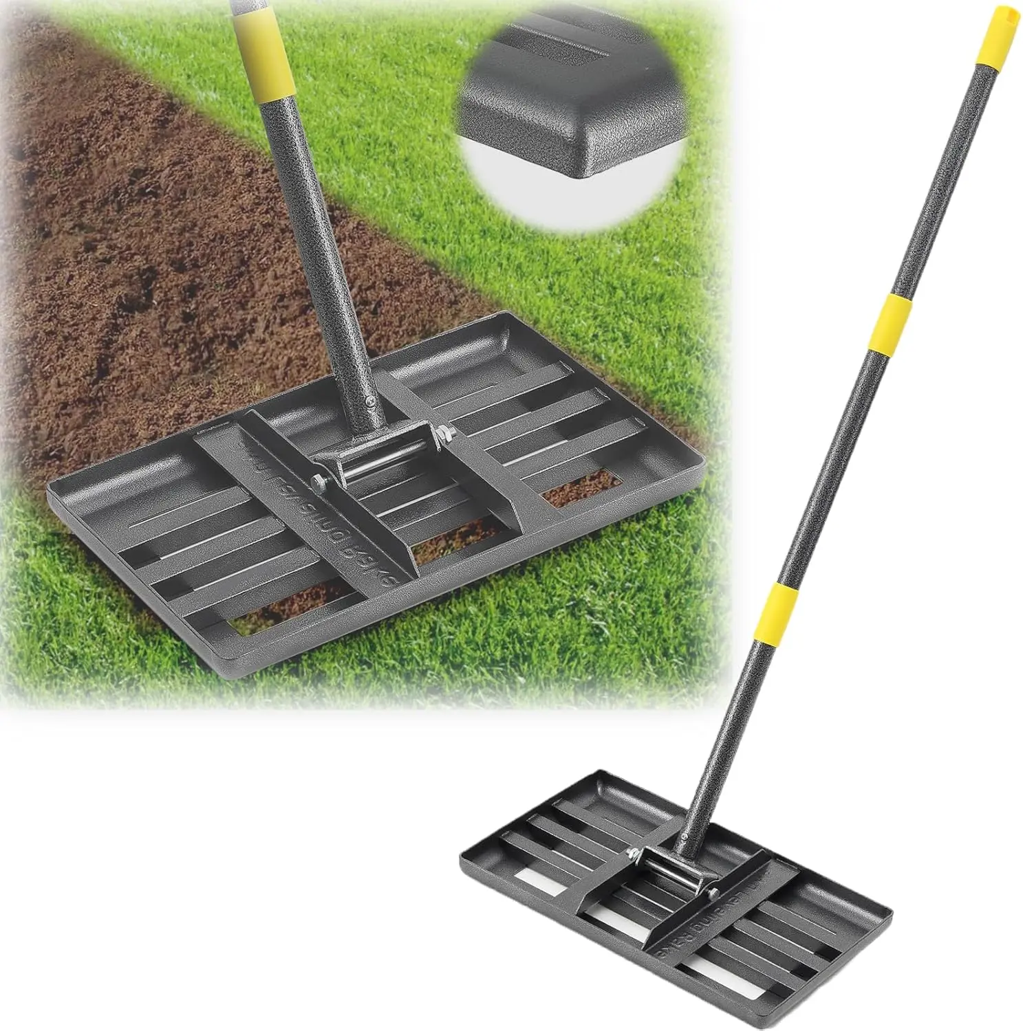 Lawn Leveling Rake, Heavy Duty 17"x10" Curved Ground Plate, 58" Long Handle Lawn Leveler Tool Landscape Rake for Compost Soil Dirt Sand Grass Peat Moss