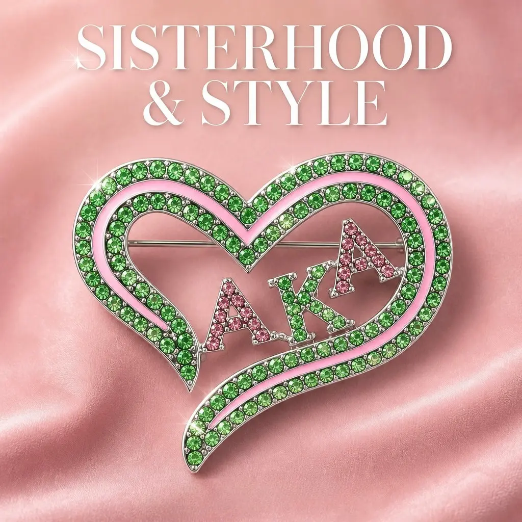 AKA Sorority Heart Pink Green Bling Brooch