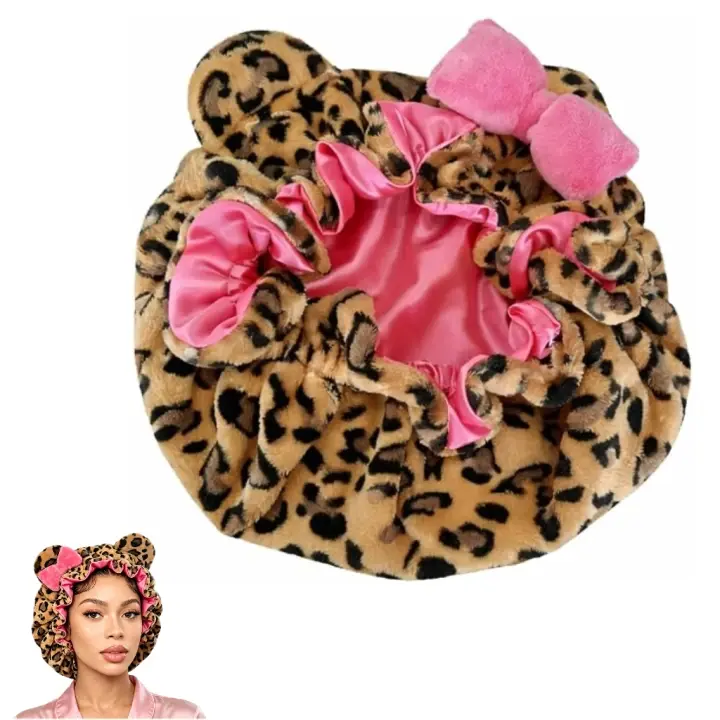 Leopard Print Satin Sleep Cap with Bow & Bear Ears, Sleep Hair Wrap for Haircare, Styling, No Heat Damage Hair Protection Cap for Daily Hair Styling, Thoughtful Beauty Gift for Her
