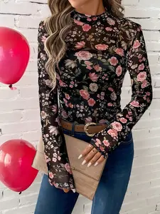 Women's High Neck Fitted Long Sleeve Top, Elastic Mesh Floral Design, Comfortable and Stylish Casual Wear, Casual Comfy Chic, Perfect for Daily Use