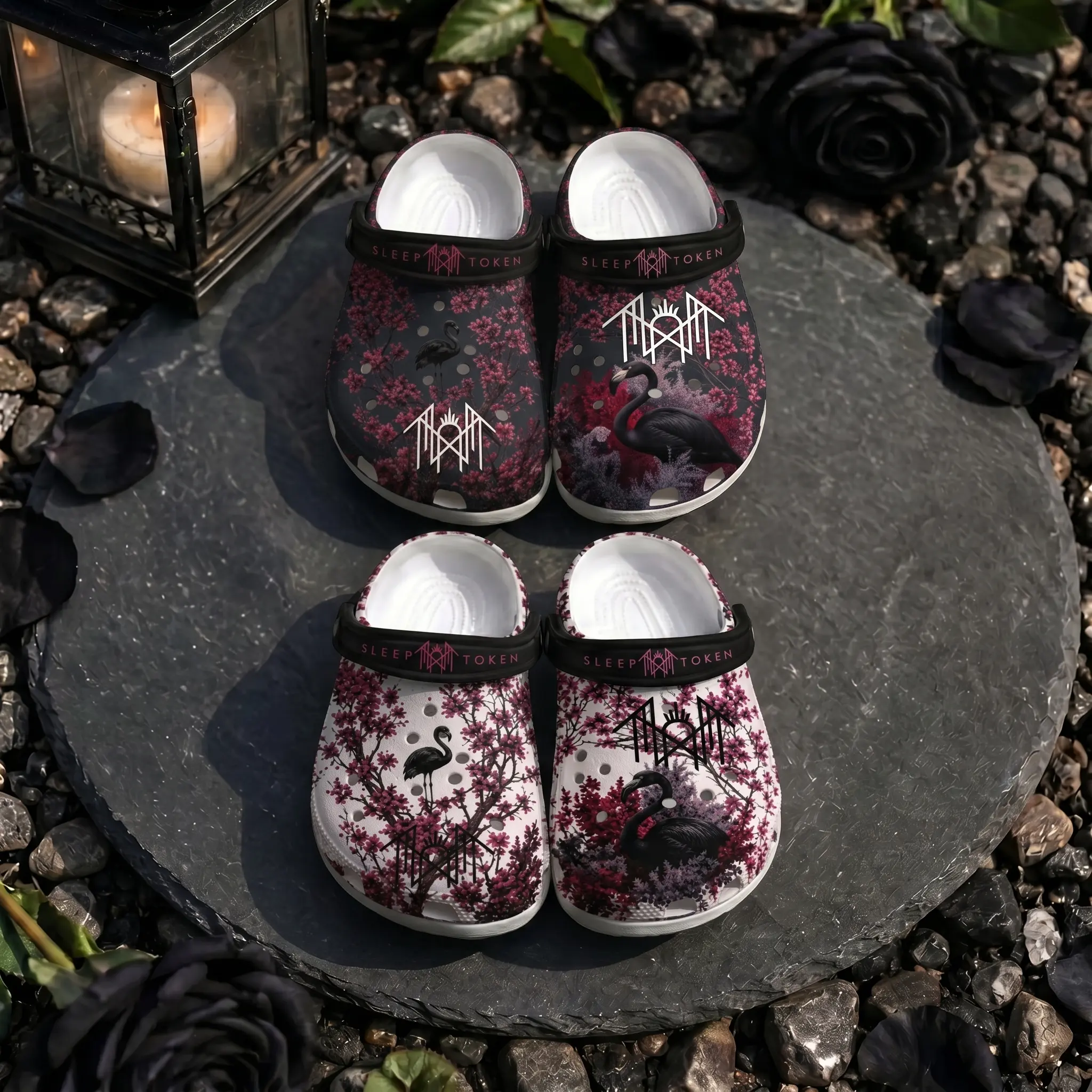Retro Sleep Token Flamingo Clogs Shoes, Monochrome Fantasy Graphic Clogs, Gothic Occult Casual Footwear, Lightweight Comfortable Slip-On Shoes