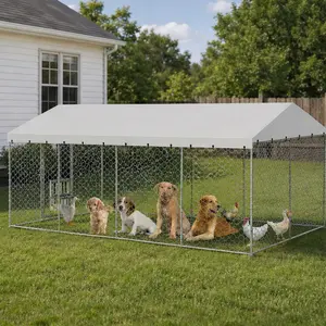 20x10 FT Large Outdoor Dog Kennel with Canopy, Heavy Duty Galvanized Steel Frame, Waterproof Cover, Built-in Elevated Feeding Bowls, Escape-Proof Lockable Pet Playpen for Large Dogs & Multiple Animals, Silver Steel, Silver Color Options