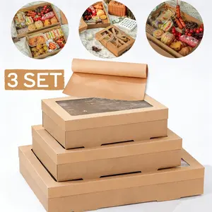 Set of 3 Sizes (large & Medium & Small), Picnic Cardboard Pastry Boxes With Oil Proof Paper, Bakery Boxes with Window, Ideal for Cookies, Cakes, Muffins, Take Out Containers for Baking Pies, Muffins and Pastries.