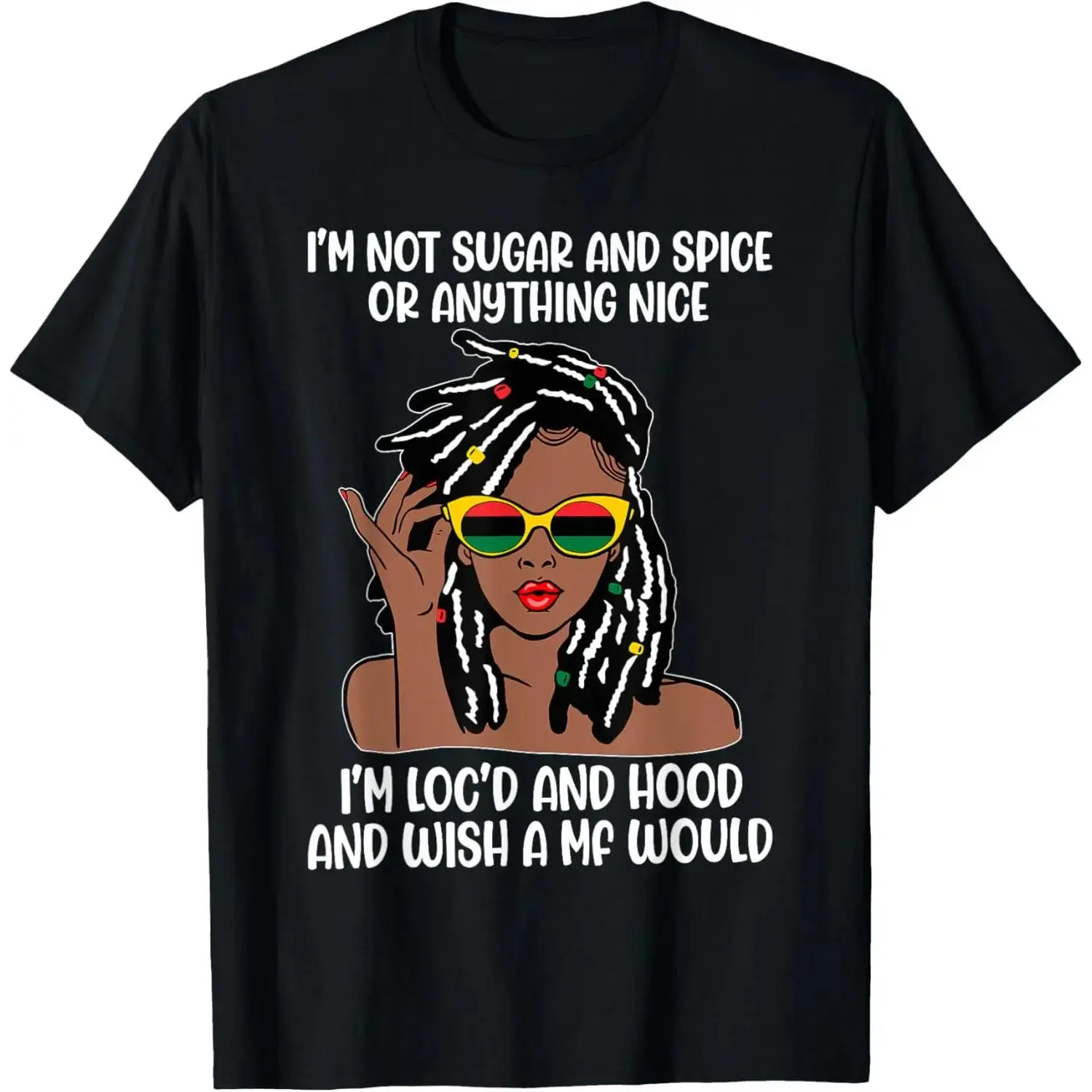 Women's Loc'd Hair "I'm Not Sugar And Spice" Black-T-Shirt, Casual Round Neck Streetwear Sports Top for Melanin Individuals, Tshirt# soft cotton short sleeve   # casual t-shirt