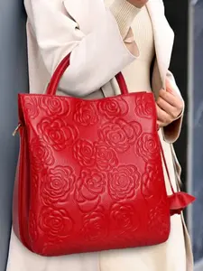 Ladies' camellia flower embossed handbag, Floral embossed bag, large capacity, retro business commuting single-shoulder bag, tote bag, PU leather material, internal structure zipper hidden pocket, phone pocket, suitable for daily use and part