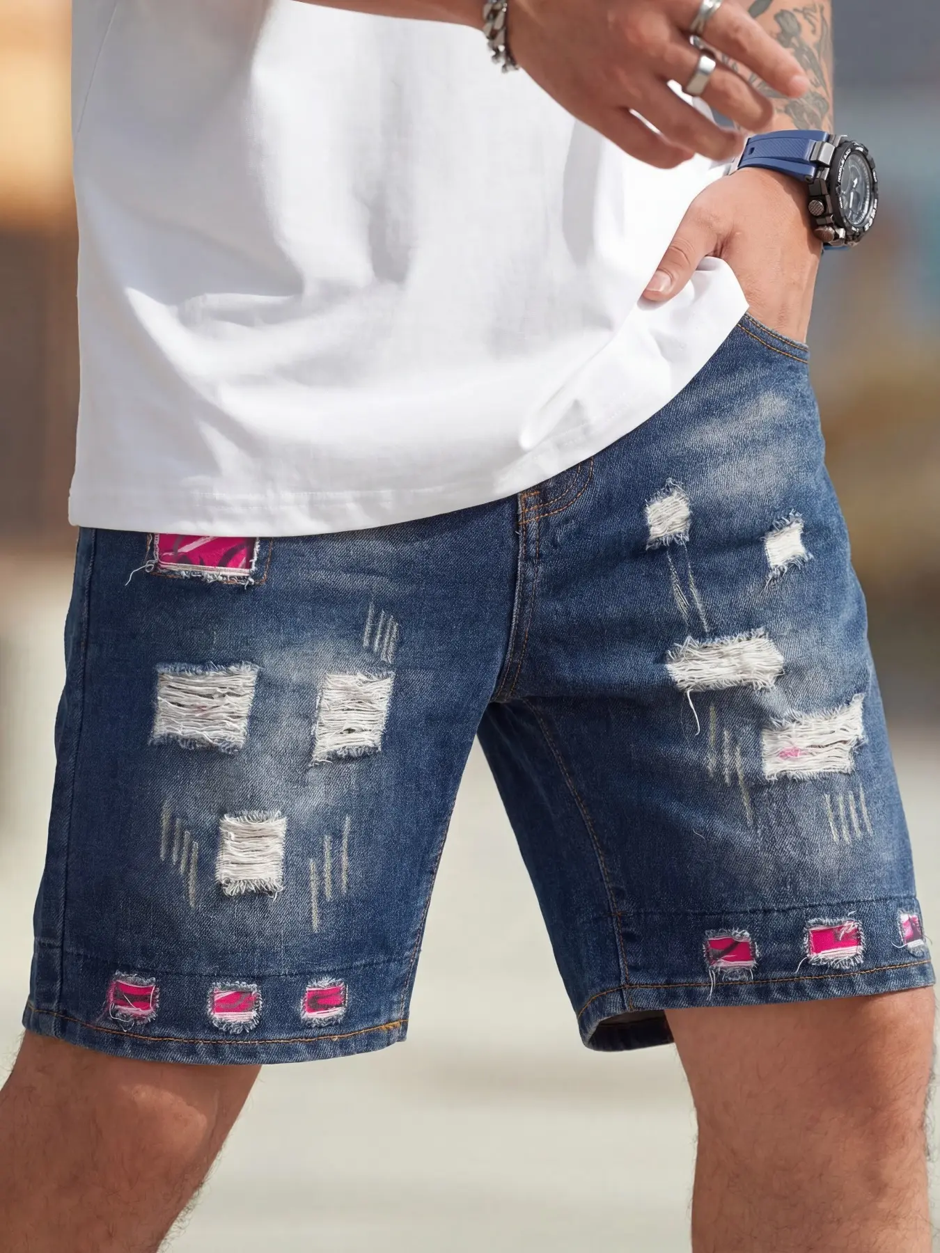 Men's Patchwork Denim Shorts Cowboy Cut Vintage Washed Distressed, Regular Fit Casual Fashion Shorts for Summer, Men's Bottoms for Daily Wear, Casual Pocket Shorts